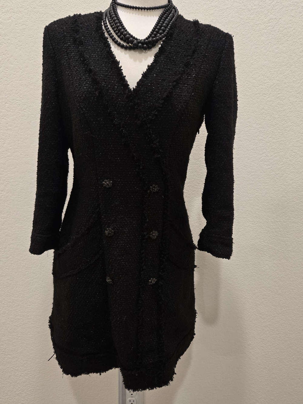Zara Black trf Collection Textured Tweed V-Neck Dress